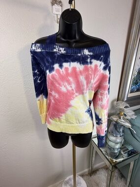 Central Park West Tie-Dye Off-the-Shoulder Sweater in Navy, Pink & Yellow